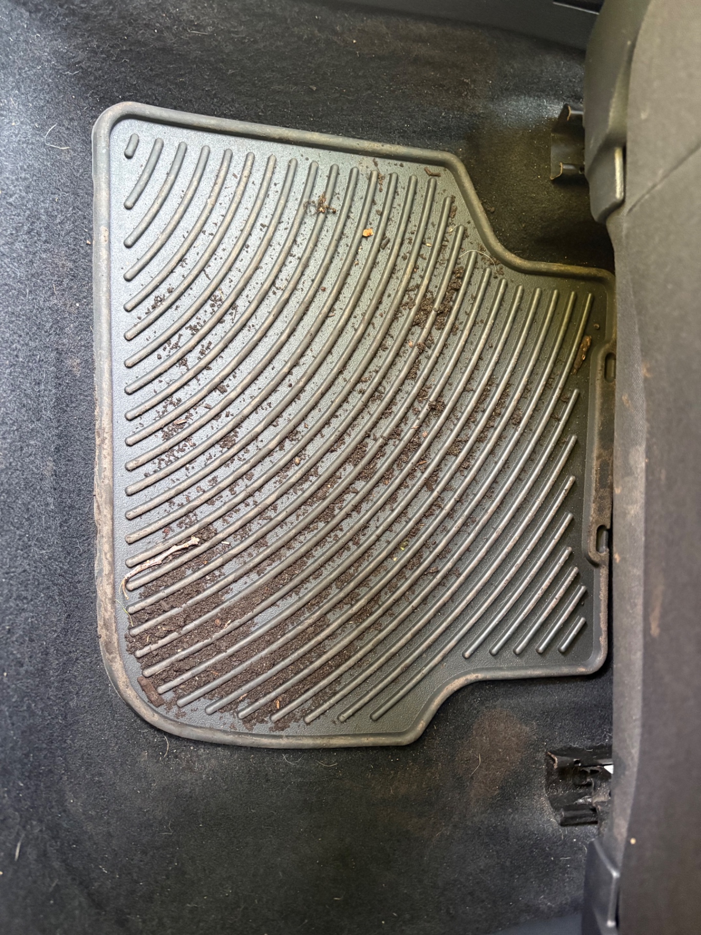 Car floor mat before detailing — caked with dirt and debris