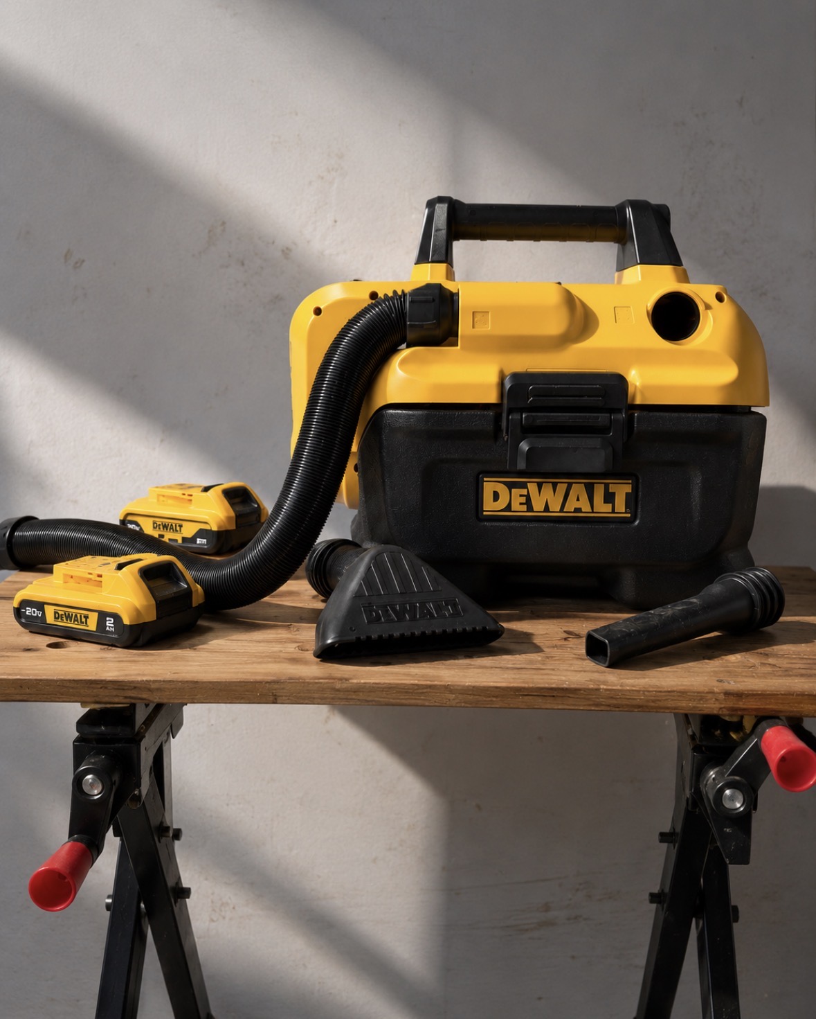 DeWalt cordless vacuum and batteries used for interior detailing